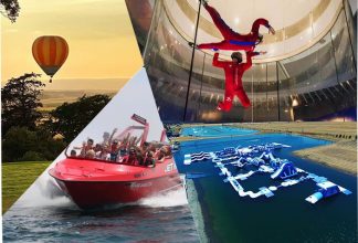 hot air balloon, jet boating, indoor sky diving, water park